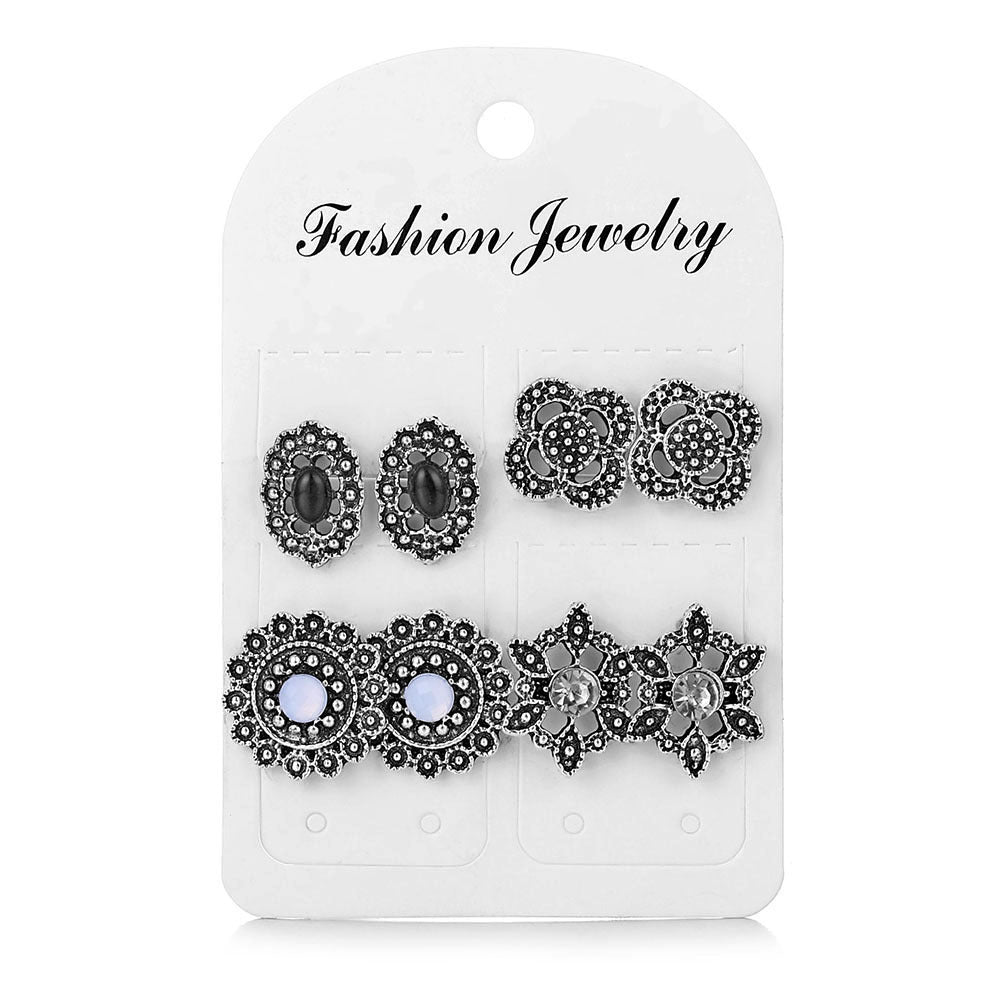 Retro Floral Diamond Earrings Set – 4 Pairs of Elegant Jewelry