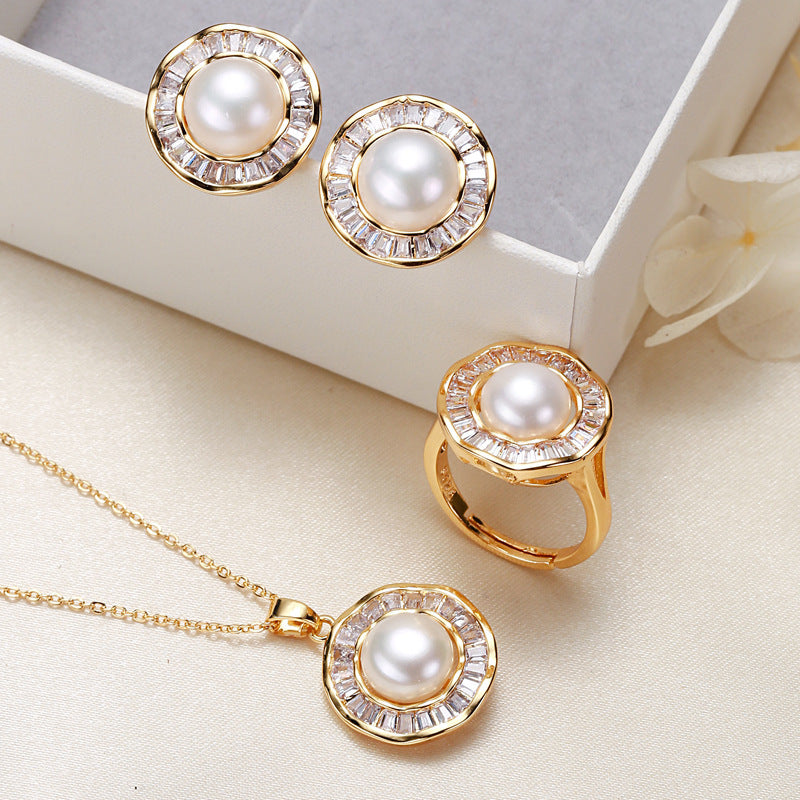 Elegant Pearl Jewelry Set – Necklace, Earrings & Ring