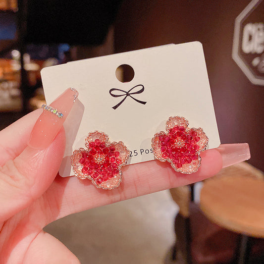 Pink Flower Earrings with Platinum Gem Inlay