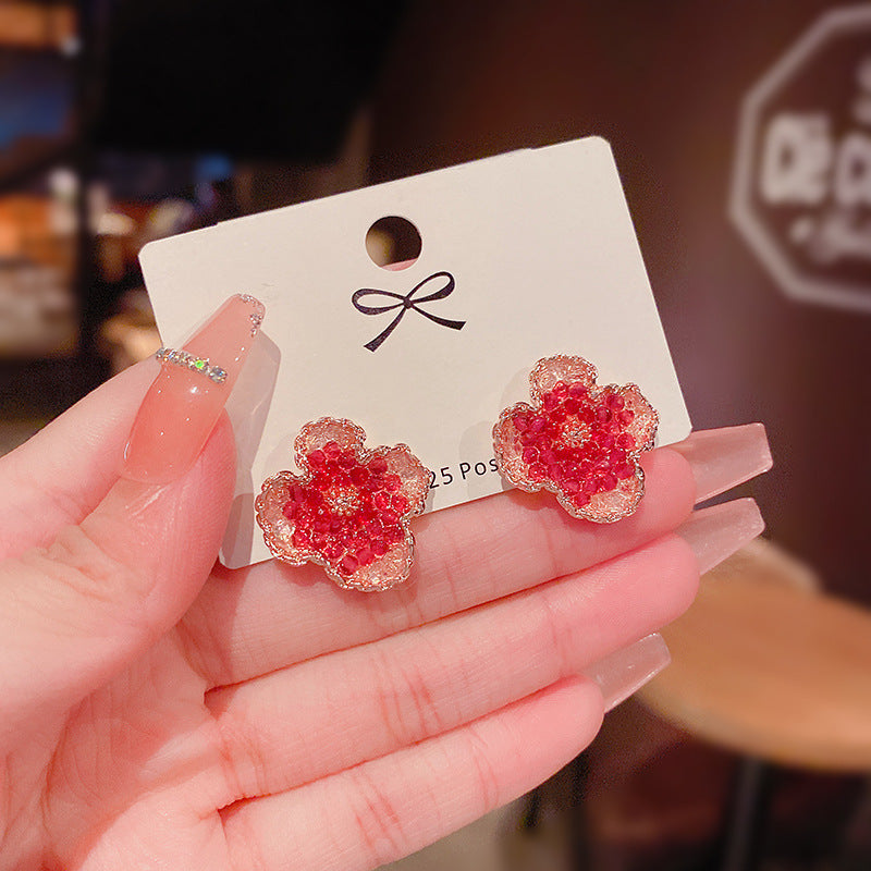 Pink Flower Earrings with Platinum Gem Inlay