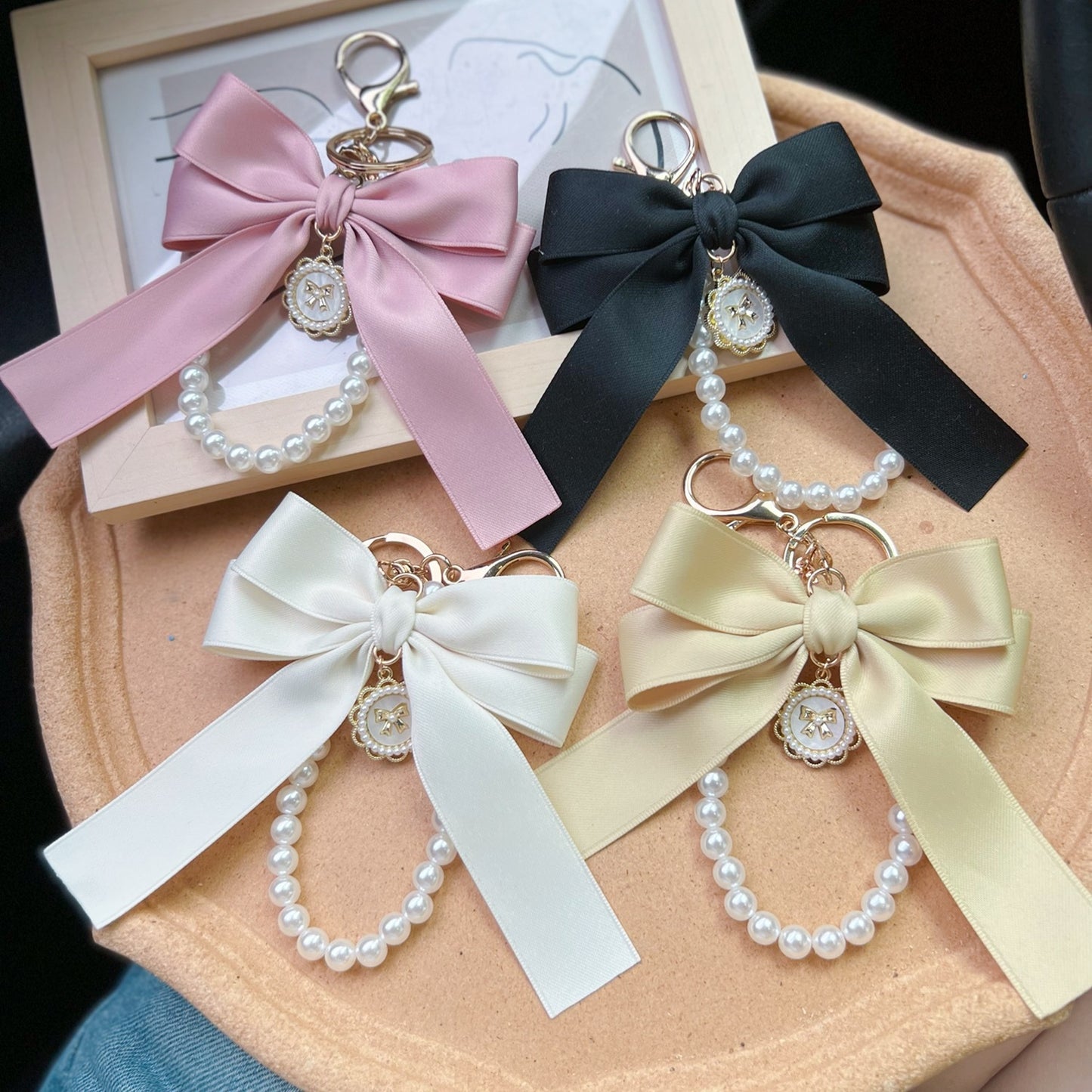 Elegant Bow & Pearl Keychain Charm