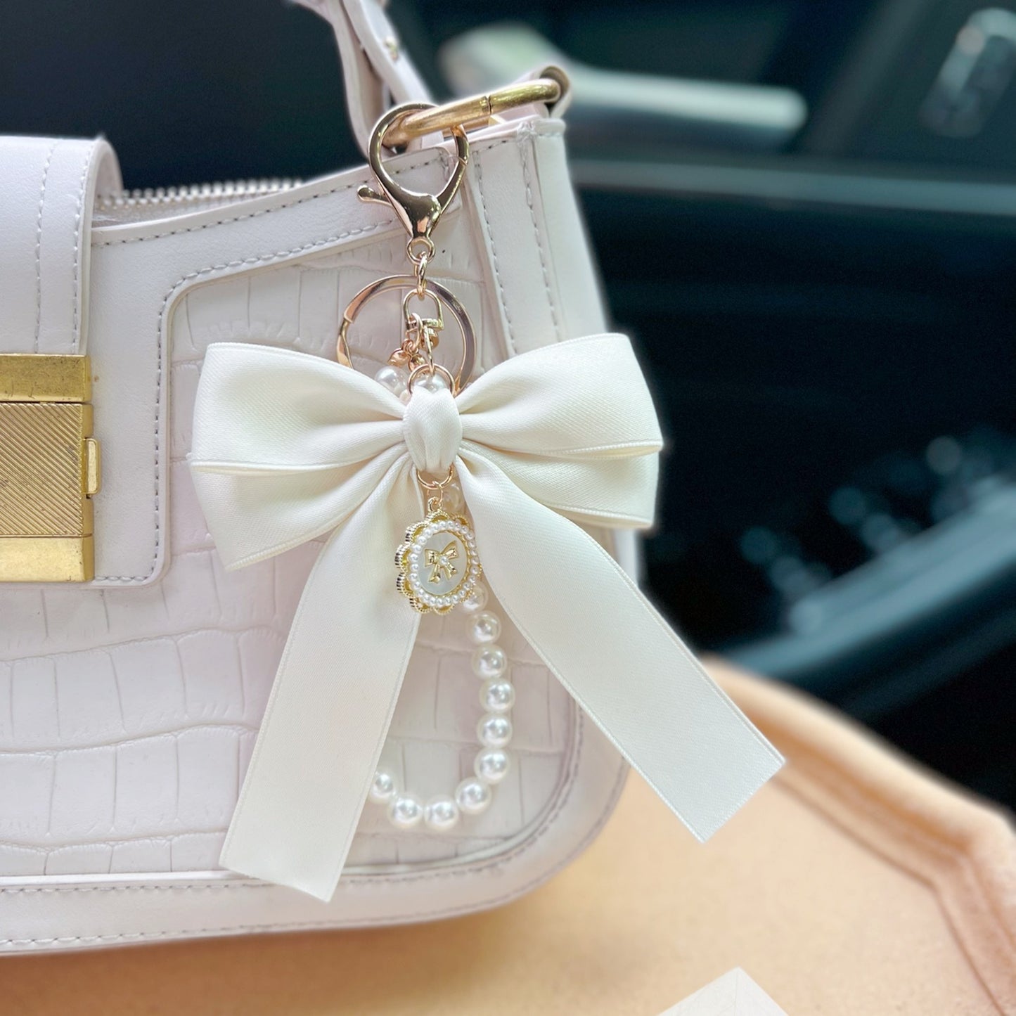 Elegant Bow & Pearl Keychain Charm