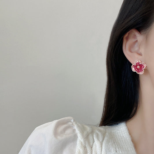 Pink Flower Earrings with Platinum Gem Inlay