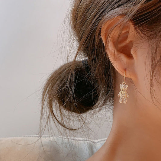 Sparkling Diamond Bear and Heart Ear Hook Earrings