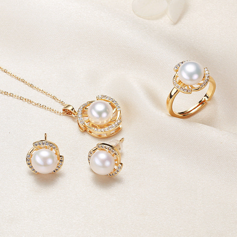 Elegant Pearl Jewelry Set – Necklace, Earrings & Ring