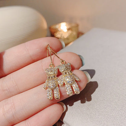 Sparkling Diamond Bear and Heart Ear Hook Earrings
