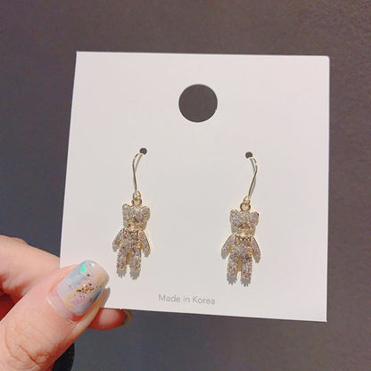 Sparkling Diamond Bear and Heart Ear Hook Earrings