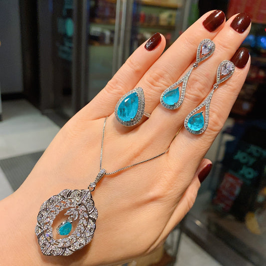 Women’s Full Diamond Jewelry Set – Retro Pendant & Earrings Set