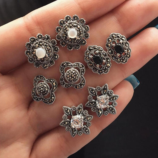 Retro Floral Diamond Earrings Set – 4 Pairs of Elegant Jewelry
